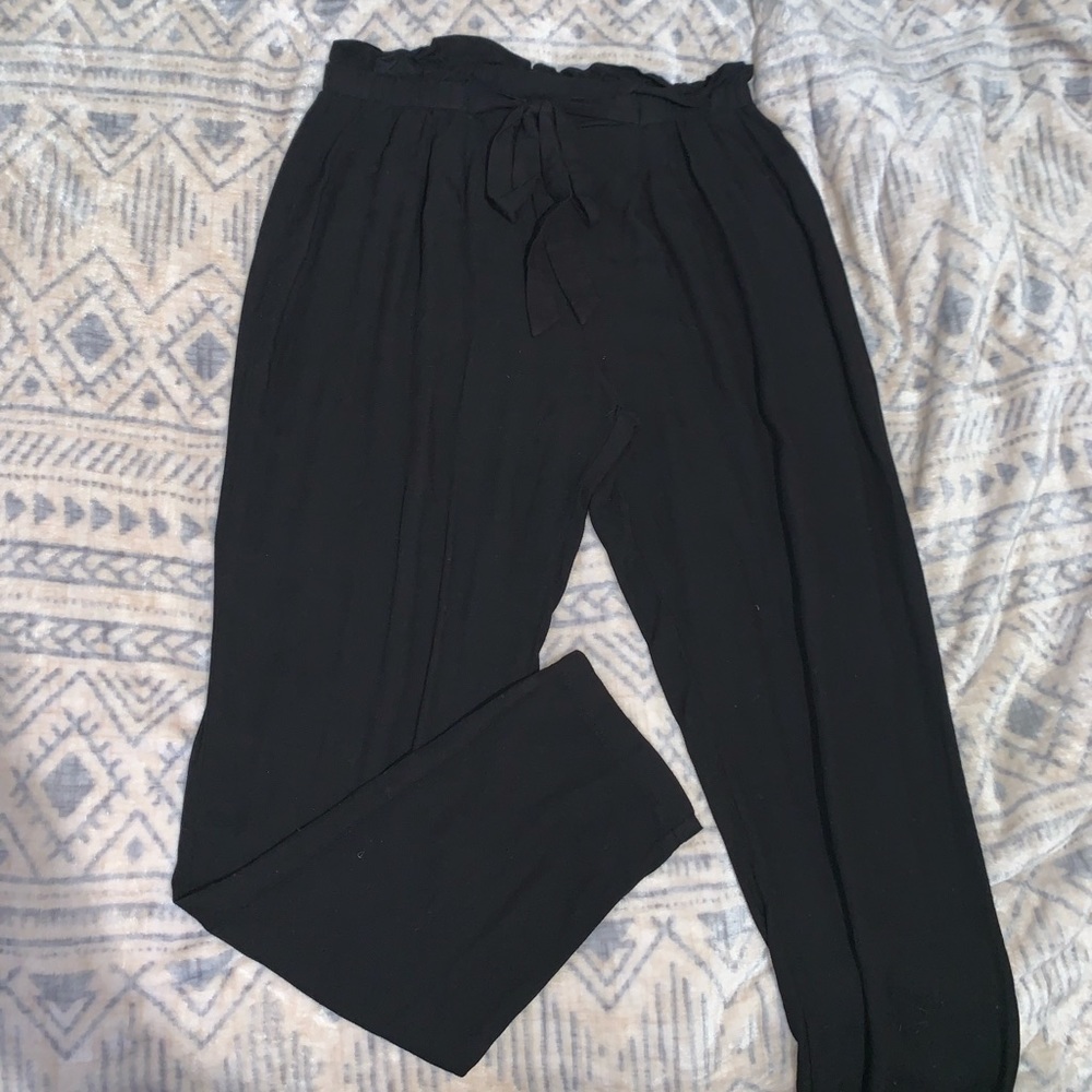 Black Paperbag Tie Waist Pants